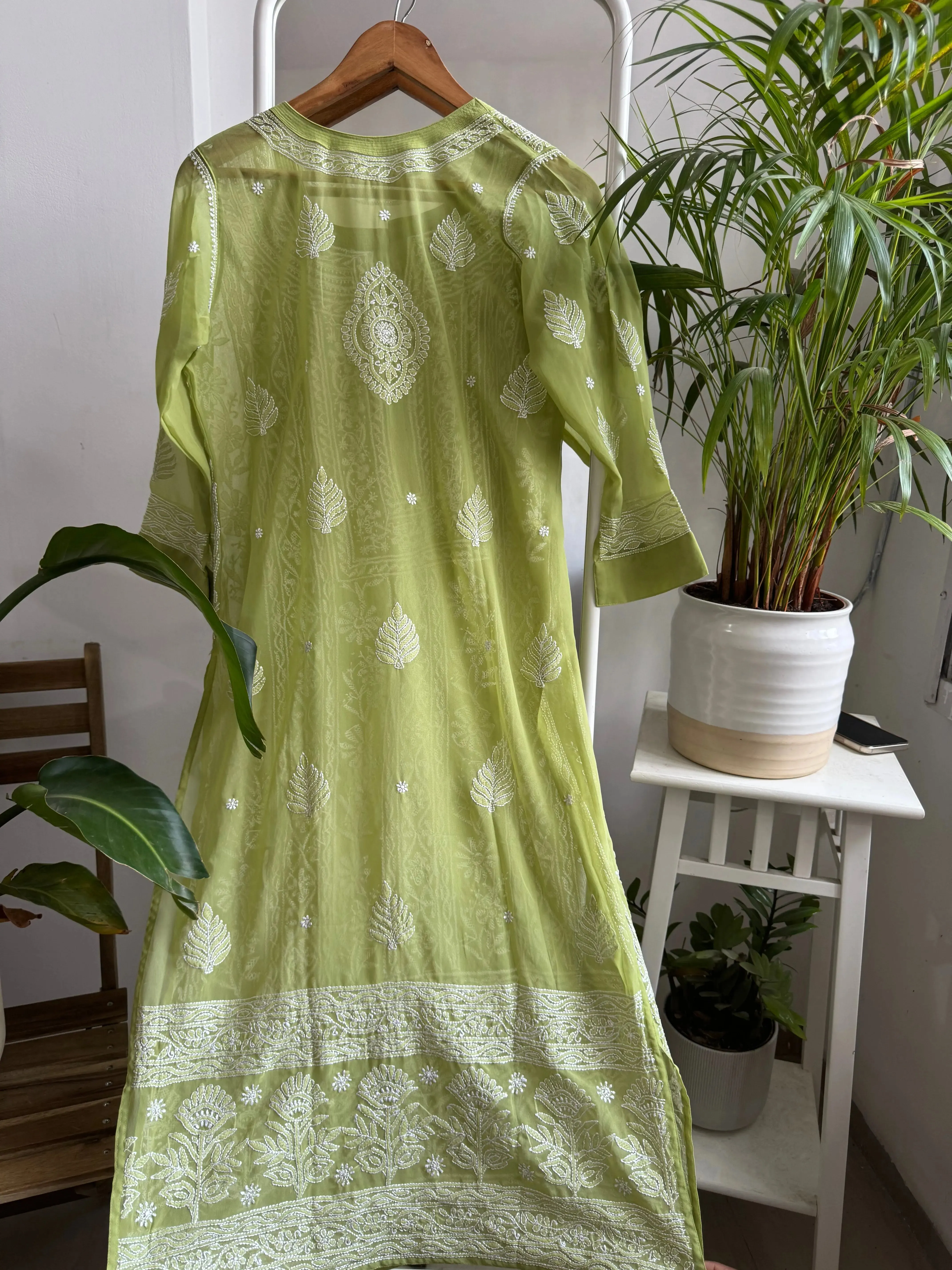 Chikankari Resham Jaal Kurti - Green