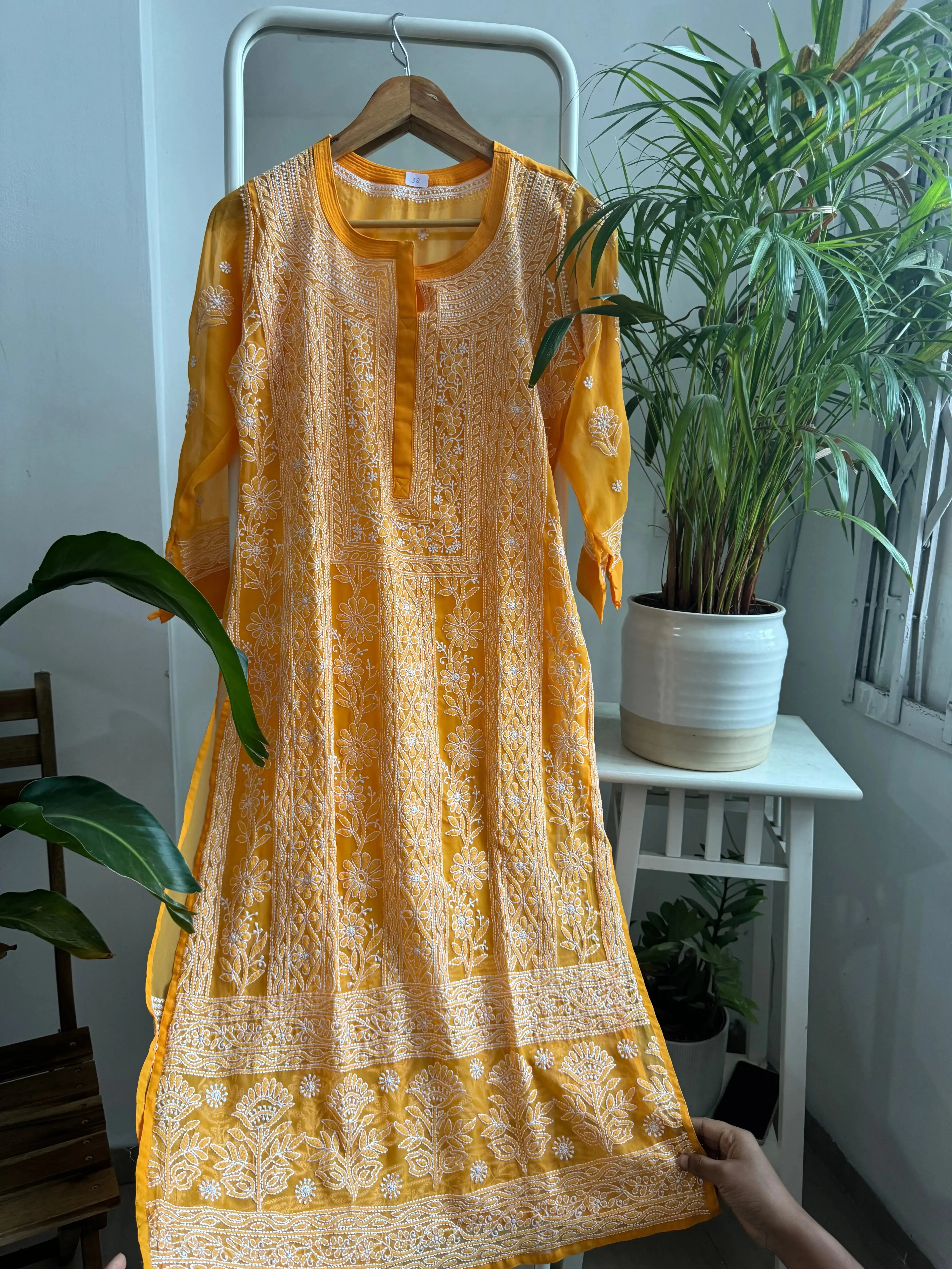 Chikankari Resham Jaal Kurti -  Orange