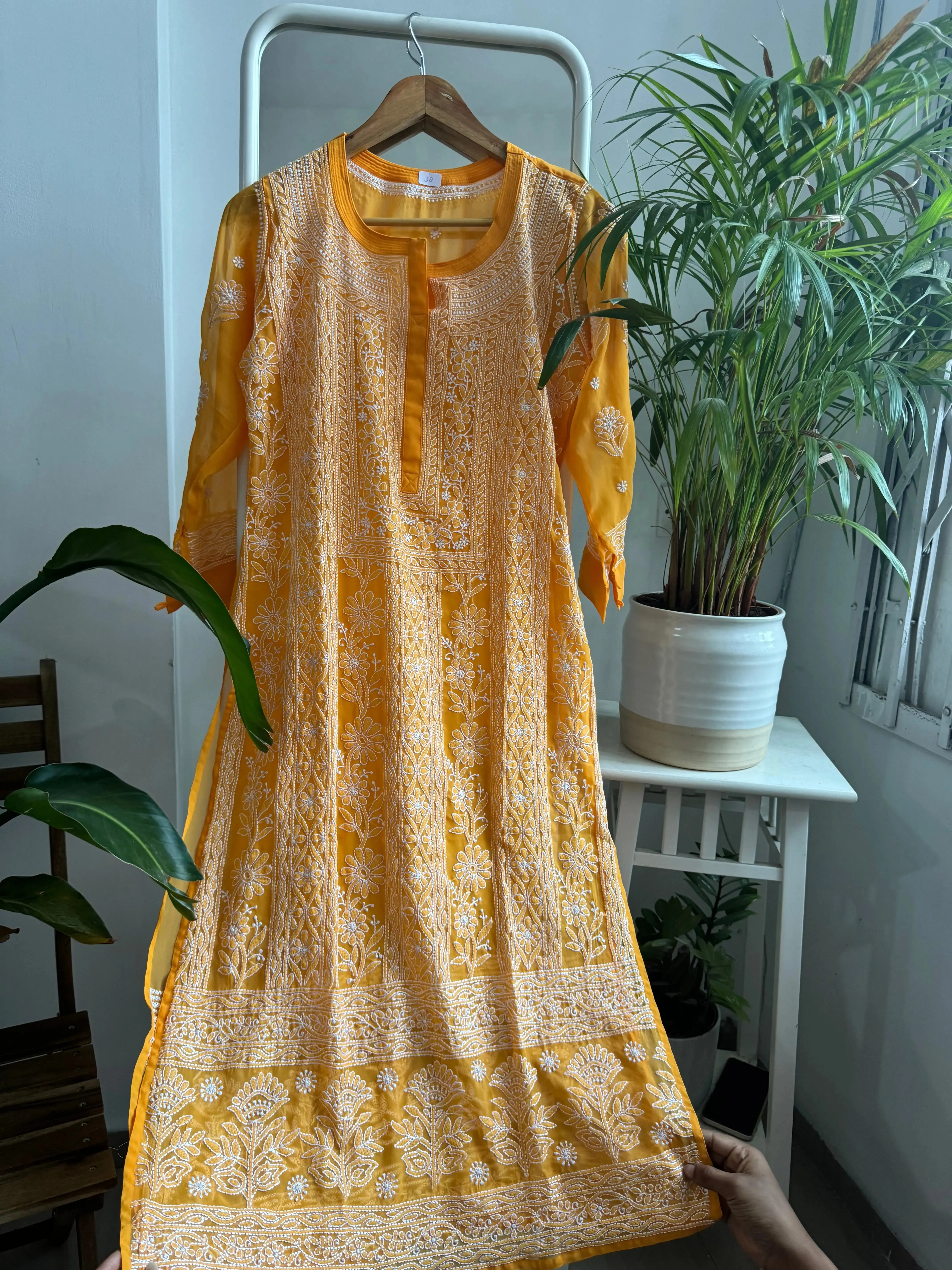 Chikankari Resham Jaal Kurti -  Orange