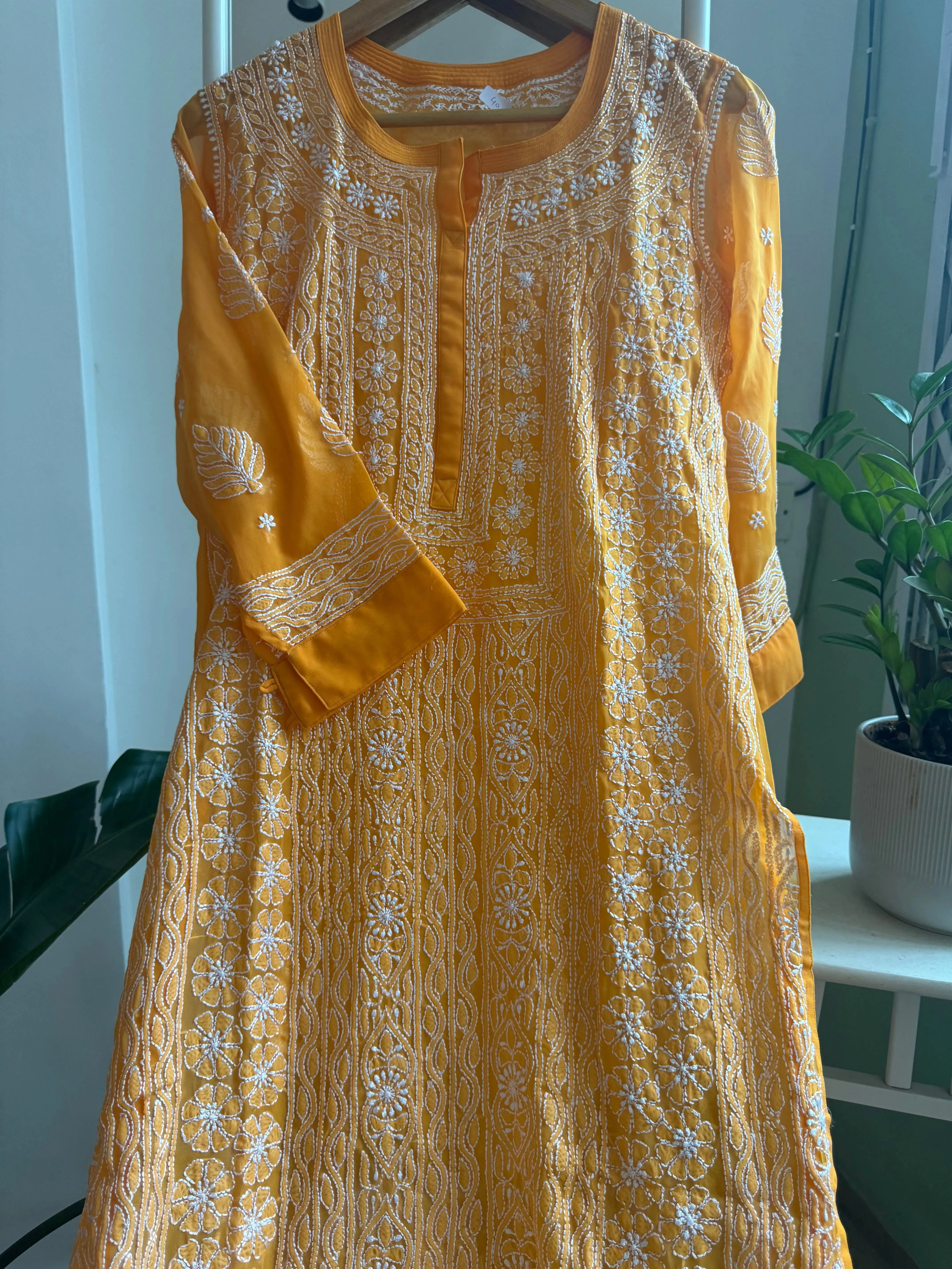 Chikankari Resham Jaal Kurti -  Orange