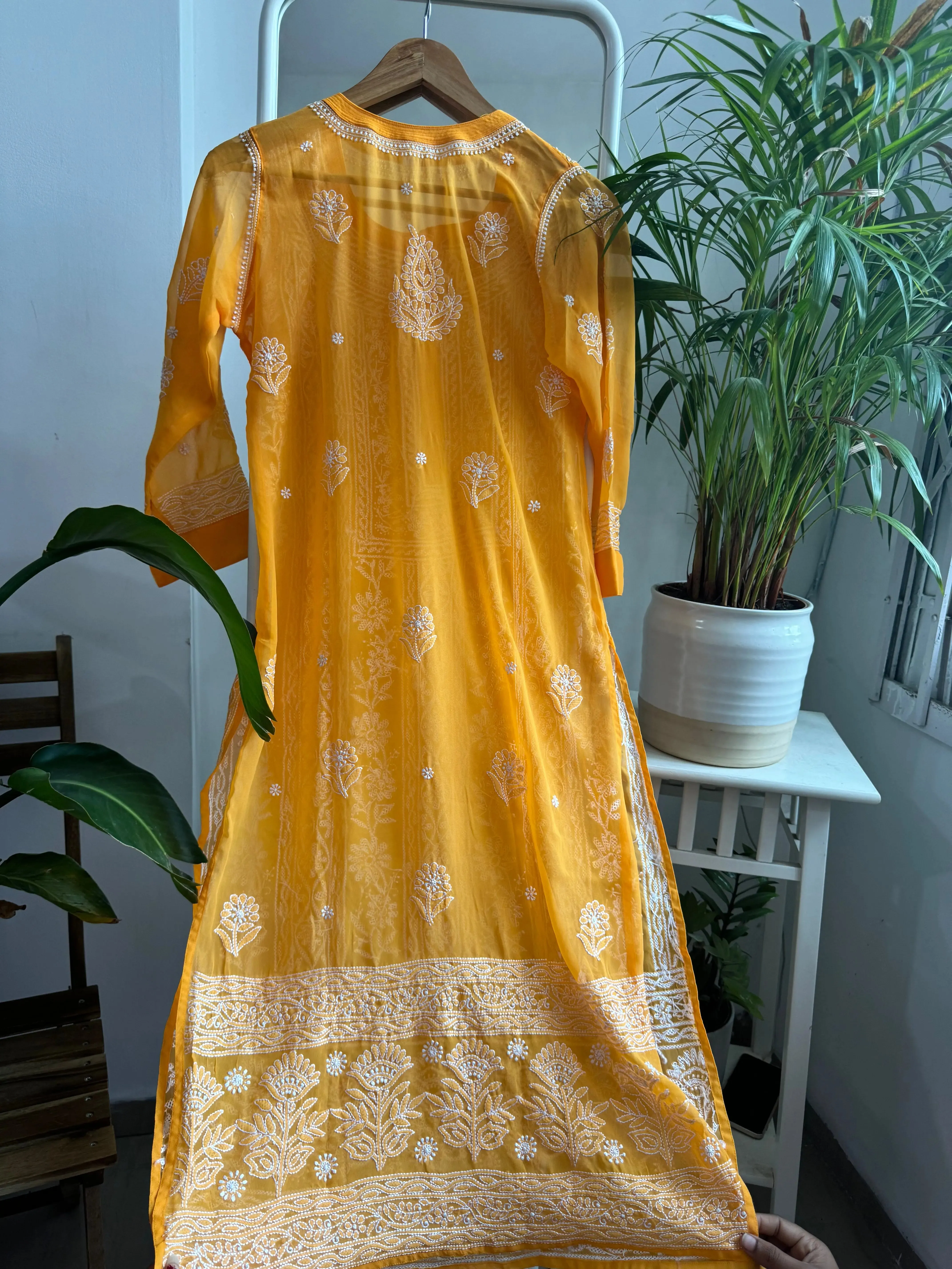 Chikankari Resham Jaal Kurti -  Orange