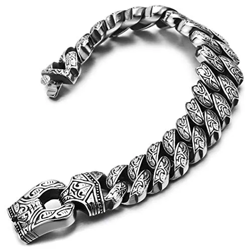 COOLSTEELANDBEYOND Mens Steel Vintage Fancy Curb Chain Bracelet with Tribal Tattoo Pattern, Retro Style, Masculine