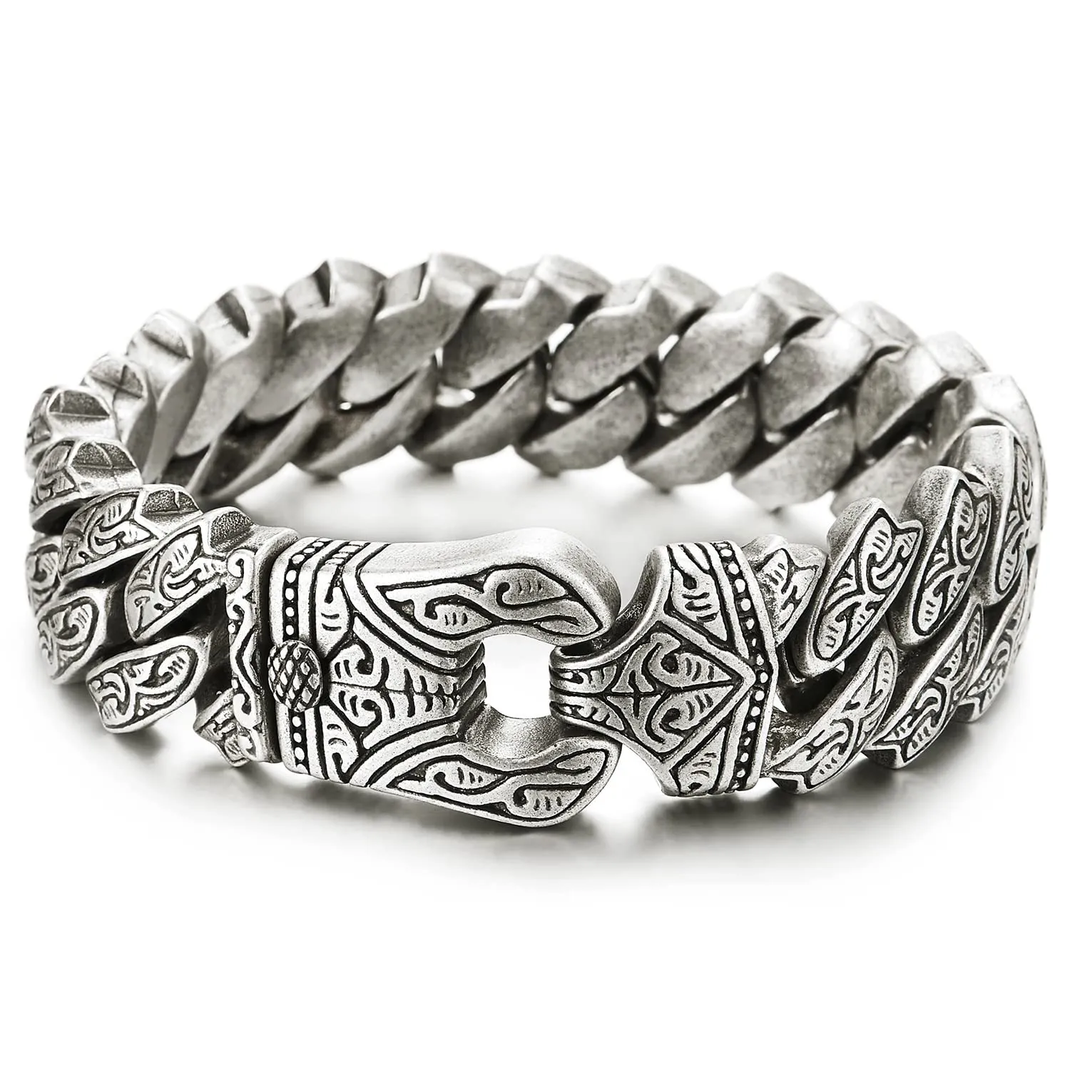 COOLSTEELANDBEYOND Mens Steel Vintage Fancy Curb Chain Bracelet with Tribal Tattoo Pattern, Retro Style, Masculine