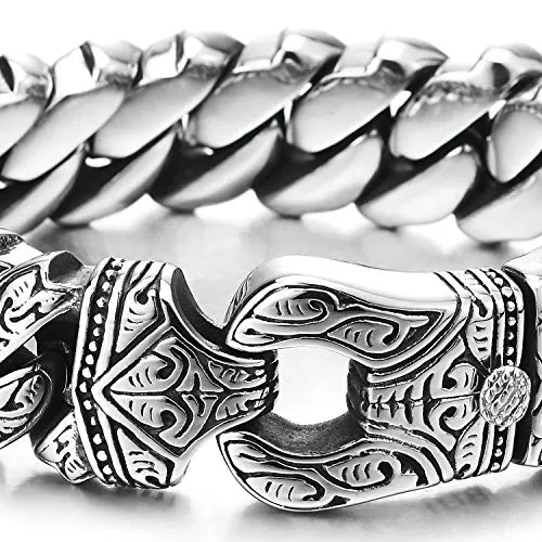 COOLSTEELANDBEYOND Mens Steel Vintage Fancy Curb Chain Bracelet with Tribal Tattoo Pattern, Retro Style, Masculine