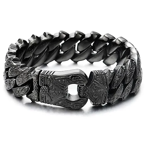 COOLSTEELANDBEYOND Mens Steel Vintage Fancy Curb Chain Bracelet with Tribal Tattoo Pattern, Retro Style, Masculine