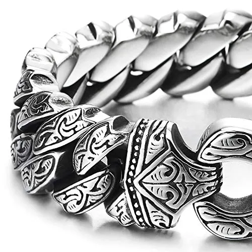 COOLSTEELANDBEYOND Mens Steel Vintage Fancy Curb Chain Bracelet with Tribal Tattoo Pattern, Retro Style, Masculine