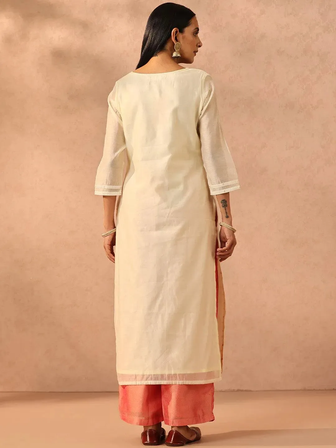 Cream Embellished Chanderi Silk Straight Kurta