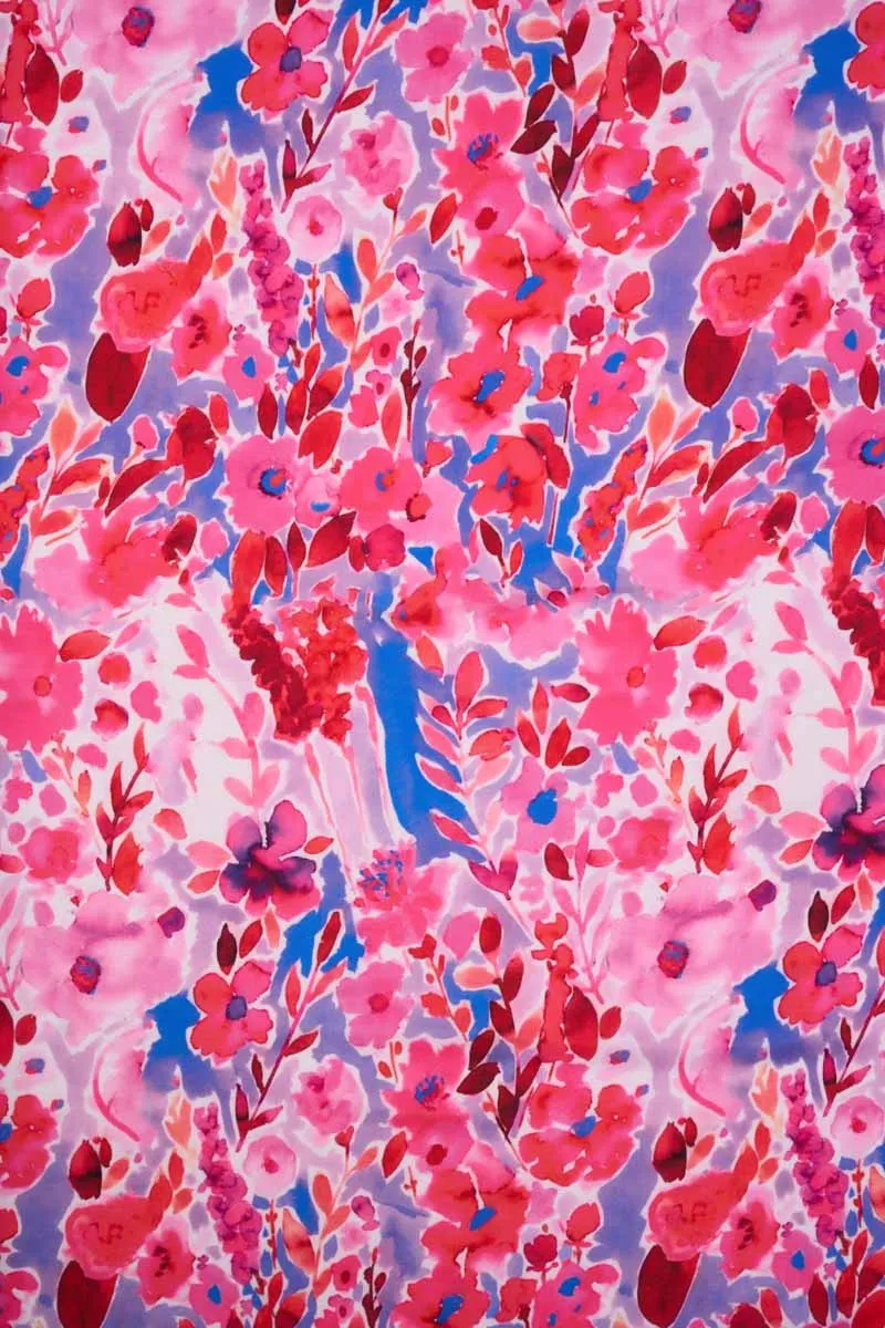 Dazzling Blue Pink Fluid Floral Pattern Printed Muslin Fabric