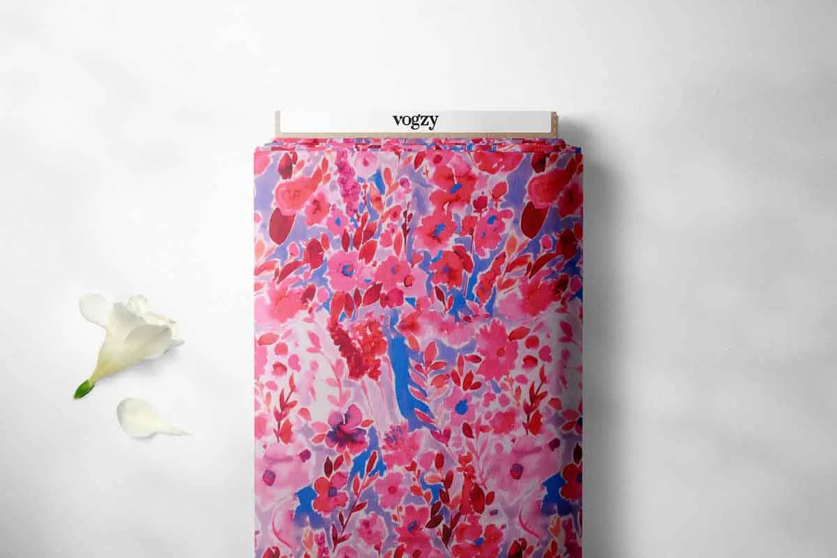 Dazzling Blue Pink Fluid Floral Pattern Printed Muslin Fabric