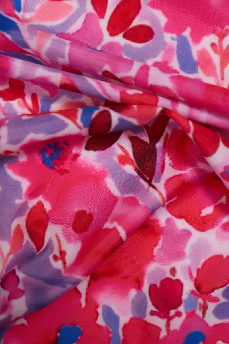 Dazzling Blue Pink Fluid Floral Pattern Printed Muslin Fabric