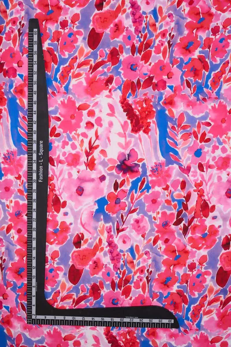 Dazzling Blue Pink Fluid Floral Pattern Printed Muslin Fabric