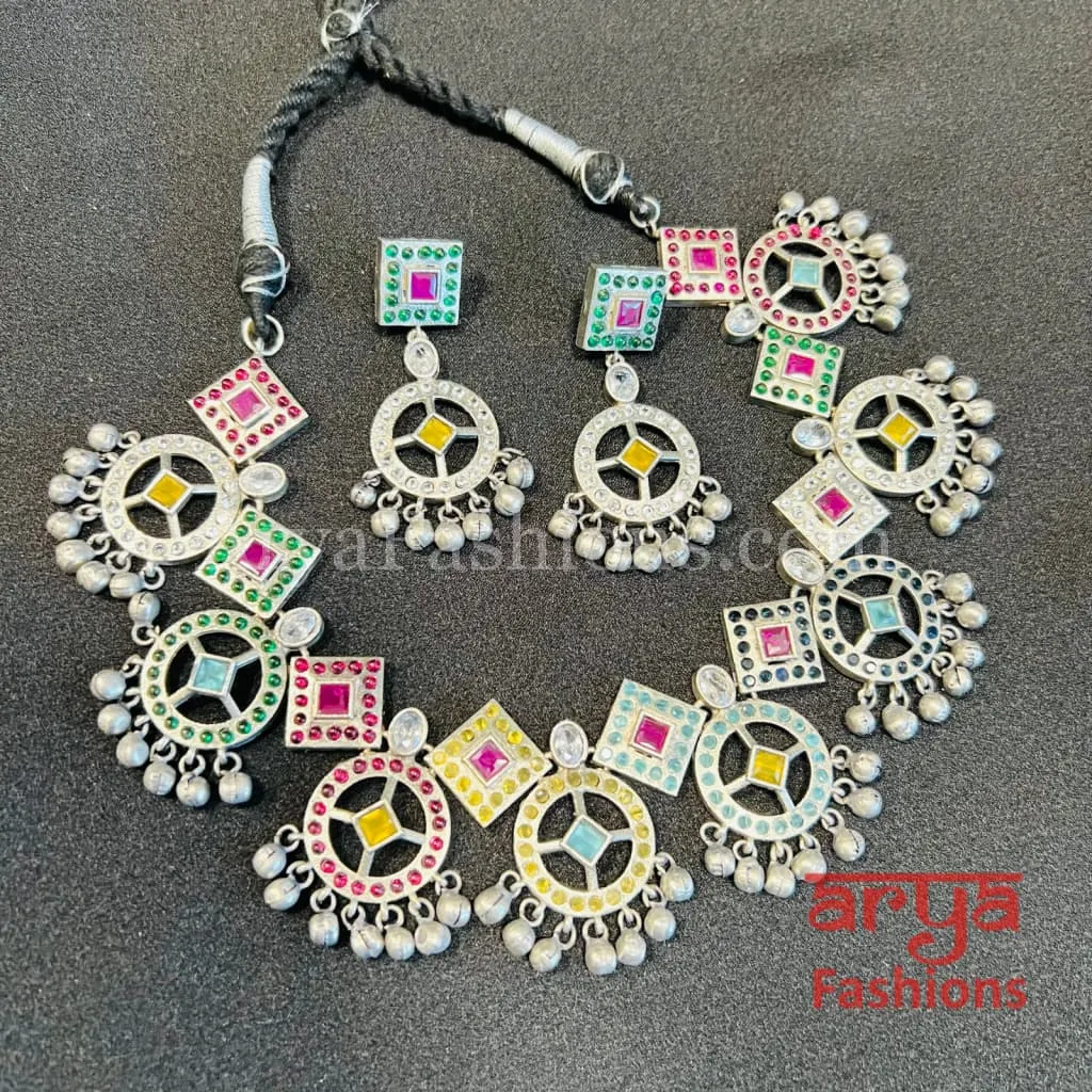 Designer Oxidized Silver Multicolor Tribal Choker