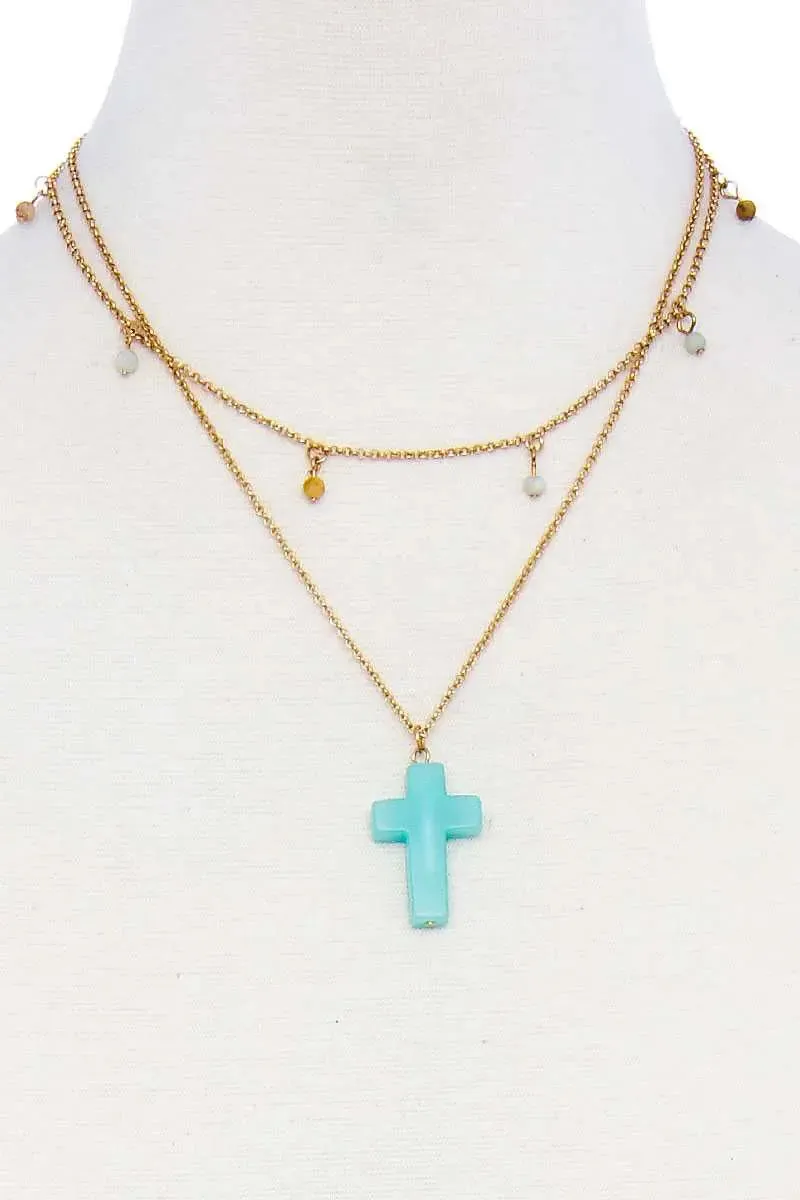 Double Layered Cross Pendant Chain Necklace