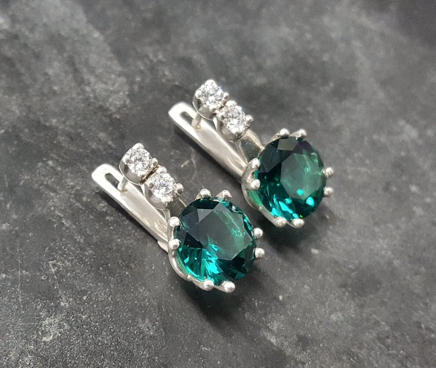 Drop Emerald Earrings - Green Round Earrings, Green Diamond Earrings