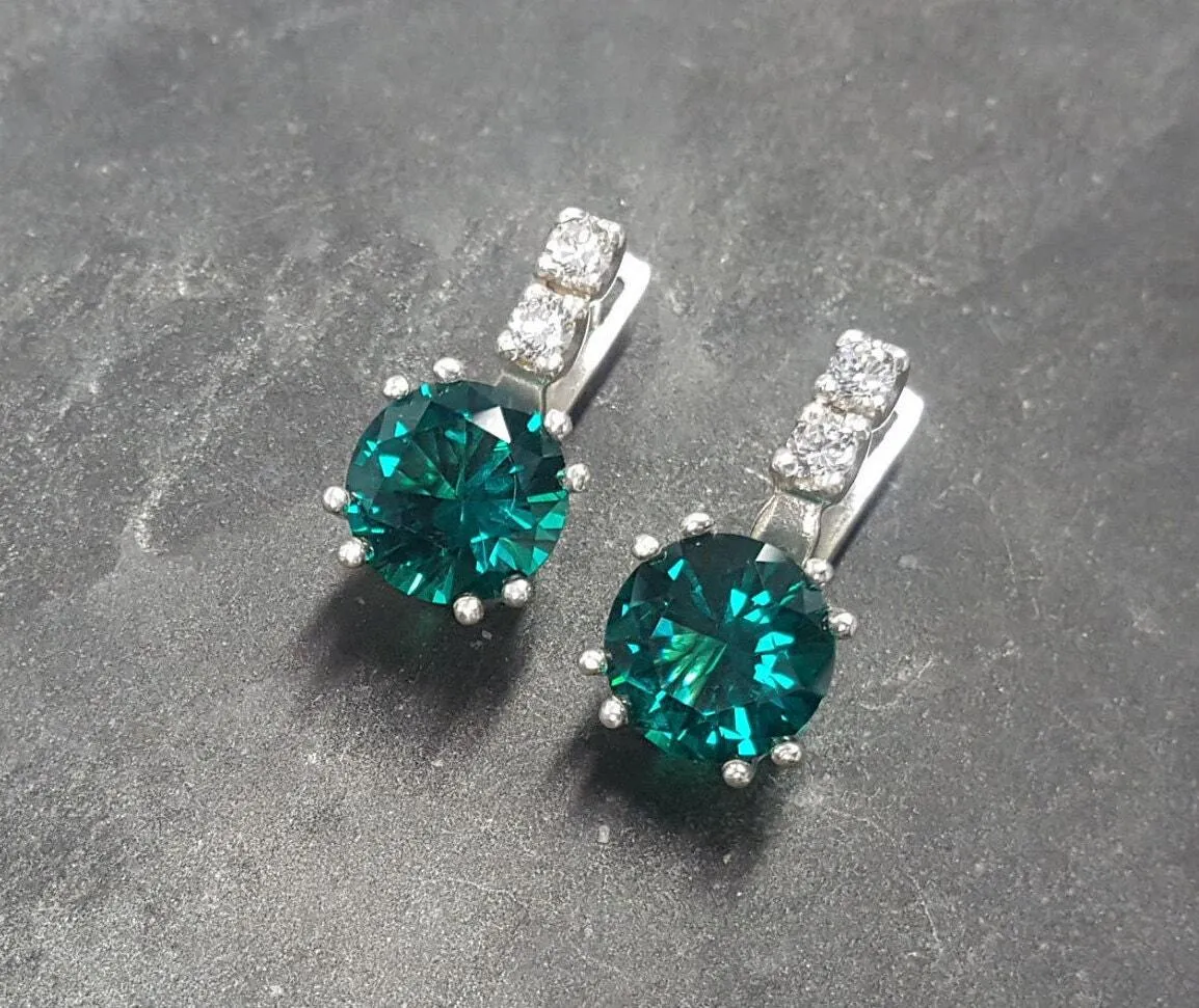 Drop Emerald Earrings - Green Round Earrings, Green Diamond Earrings