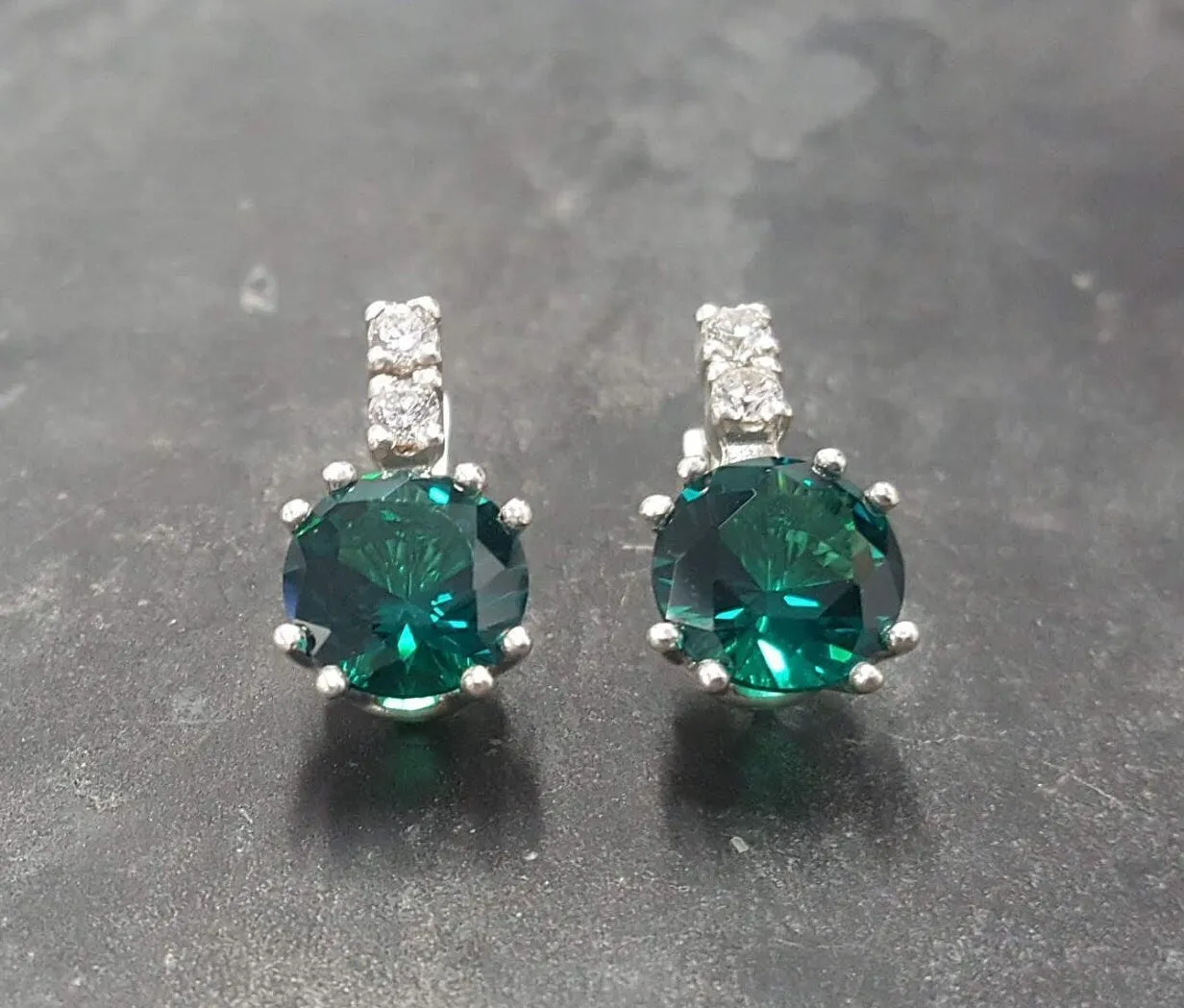 Drop Emerald Earrings - Green Round Earrings, Green Diamond Earrings