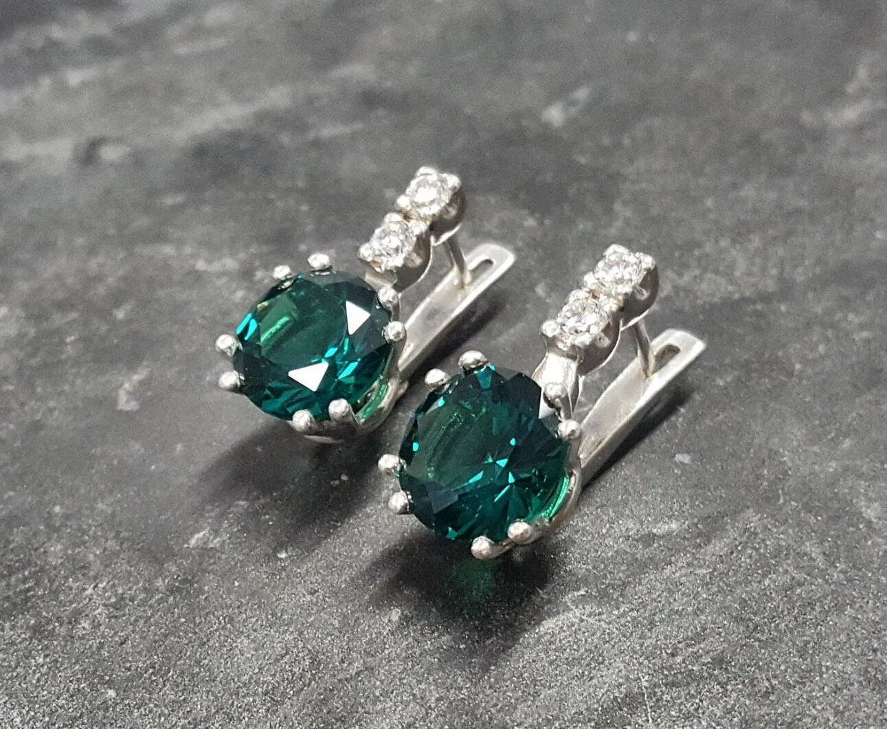 Drop Emerald Earrings - Green Round Earrings, Green Diamond Earrings