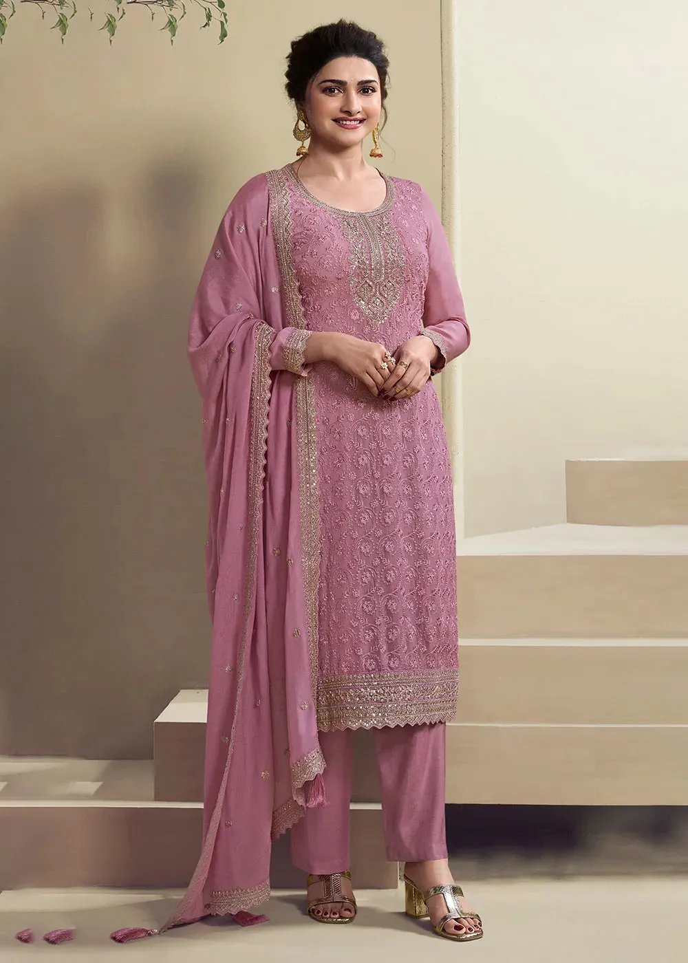 Dusty Pink Schiffli Embroidered Organza Salwar Kameez Set