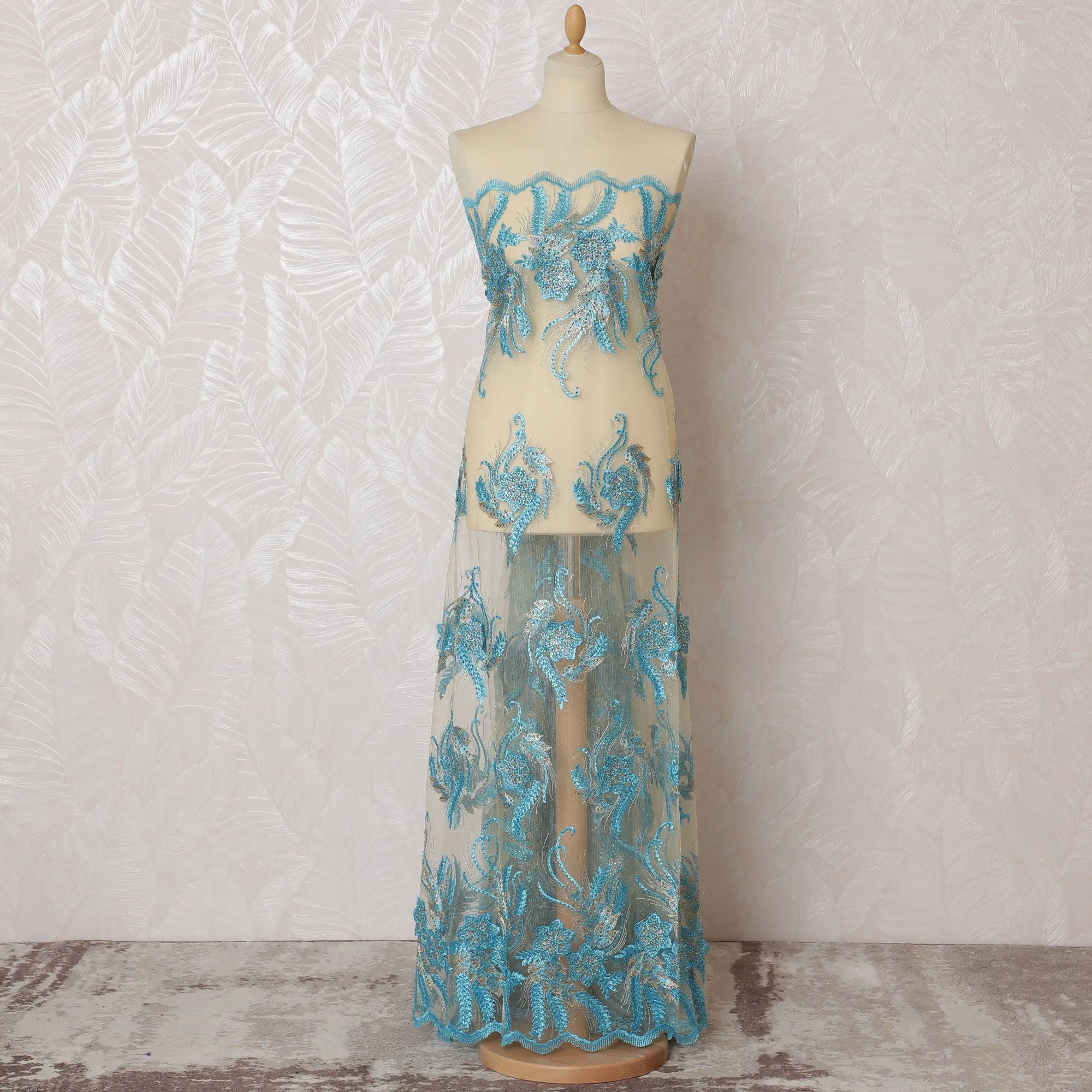 Elegant Cyan Embroidered Nylon Tulle Fabric, 140 cm Wide â€“ Exquisite Floral and Leaf Design-D19226