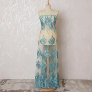 Elegant Cyan Embroidered Nylon Tulle Fabric, 140 cm Wide â€“ Exquisite Floral and Leaf Design-D19226