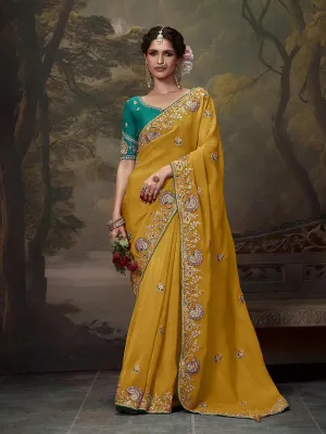 Elegant Mustard Yellow Embroidered Fancy Saree