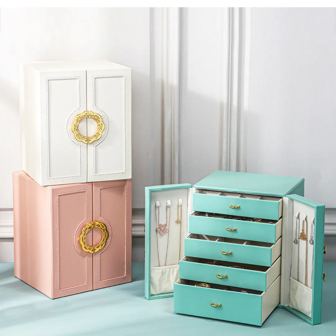 Elegant Pink Jewelry Cabinet with Gold Accent - Luxury Standing Organizer for Accessories