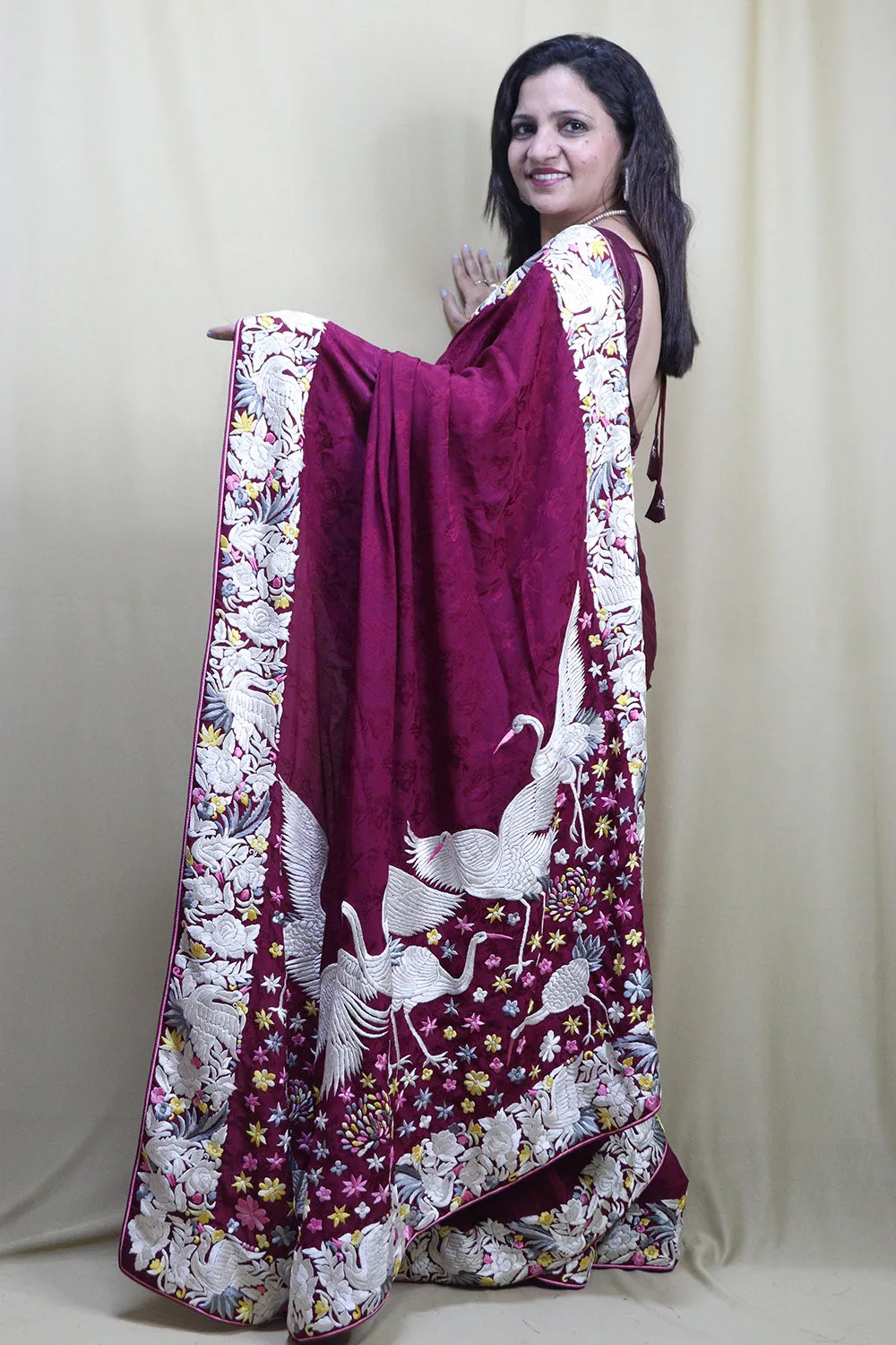 Elegant Purple Hand Embroidered Parsi Gara Crepe Saree