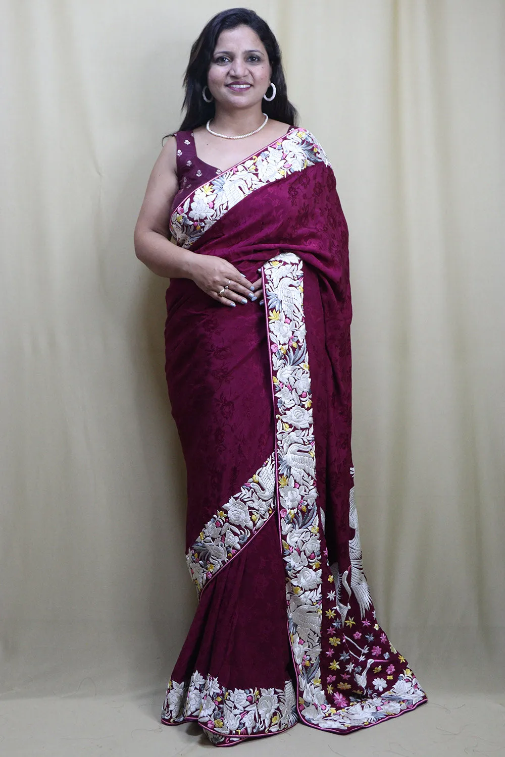 Elegant Purple Hand Embroidered Parsi Gara Crepe Saree