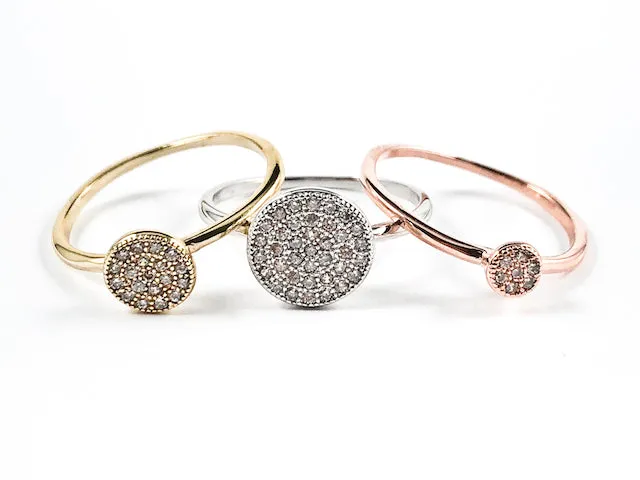 Elegant Set Of 3 Piece Micro Pave Round Disc Dainty Tri Color Tone Brass Rings