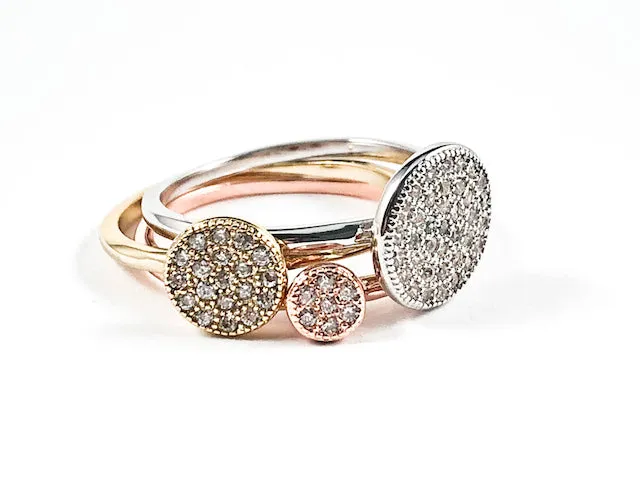 Elegant Set Of 3 Piece Micro Pave Round Disc Dainty Tri Color Tone Brass Rings