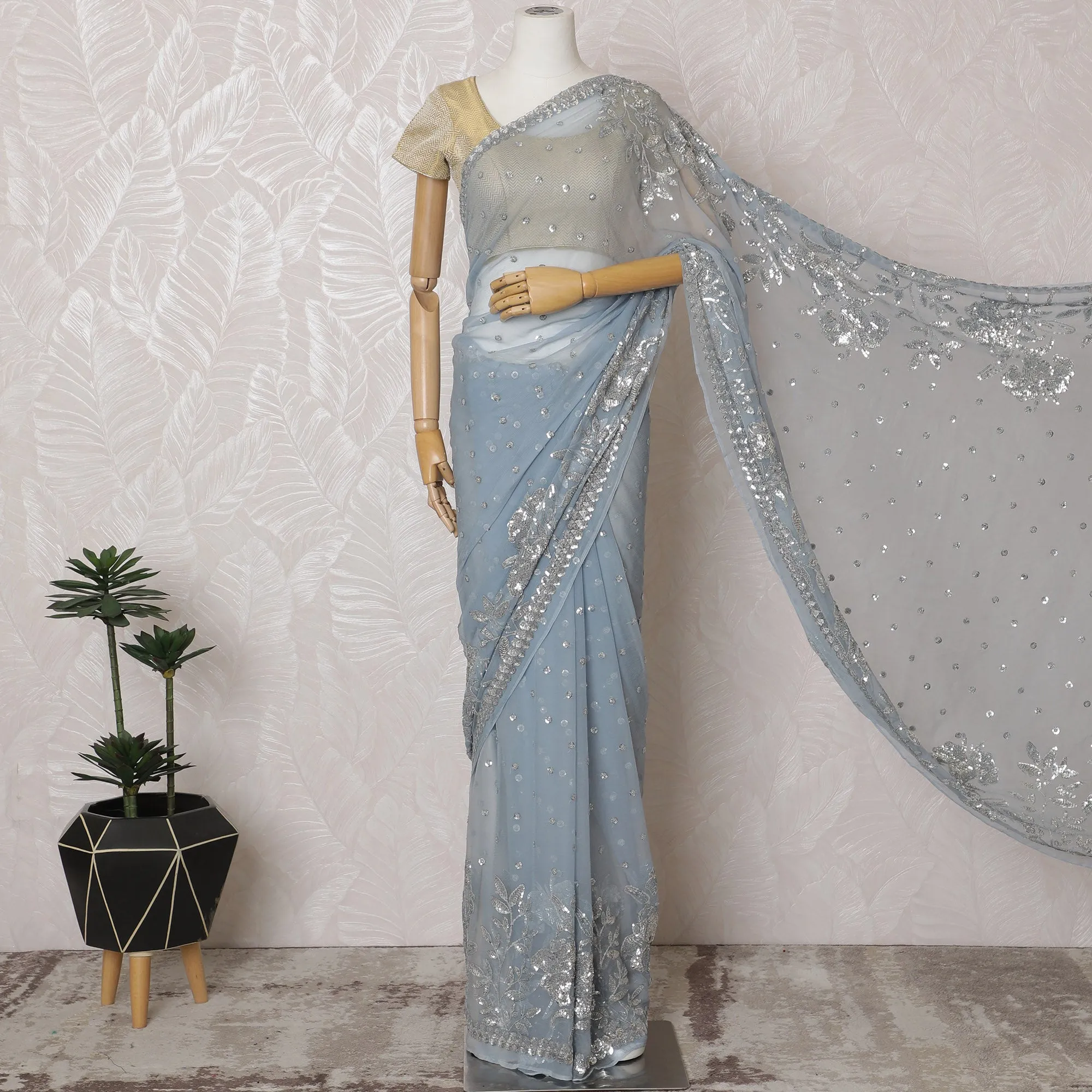 Elegant Sky Blue Silk Chiffon Saree with Silver Embroidery,110 cm Width, 5.5 Meters Piece-D19477