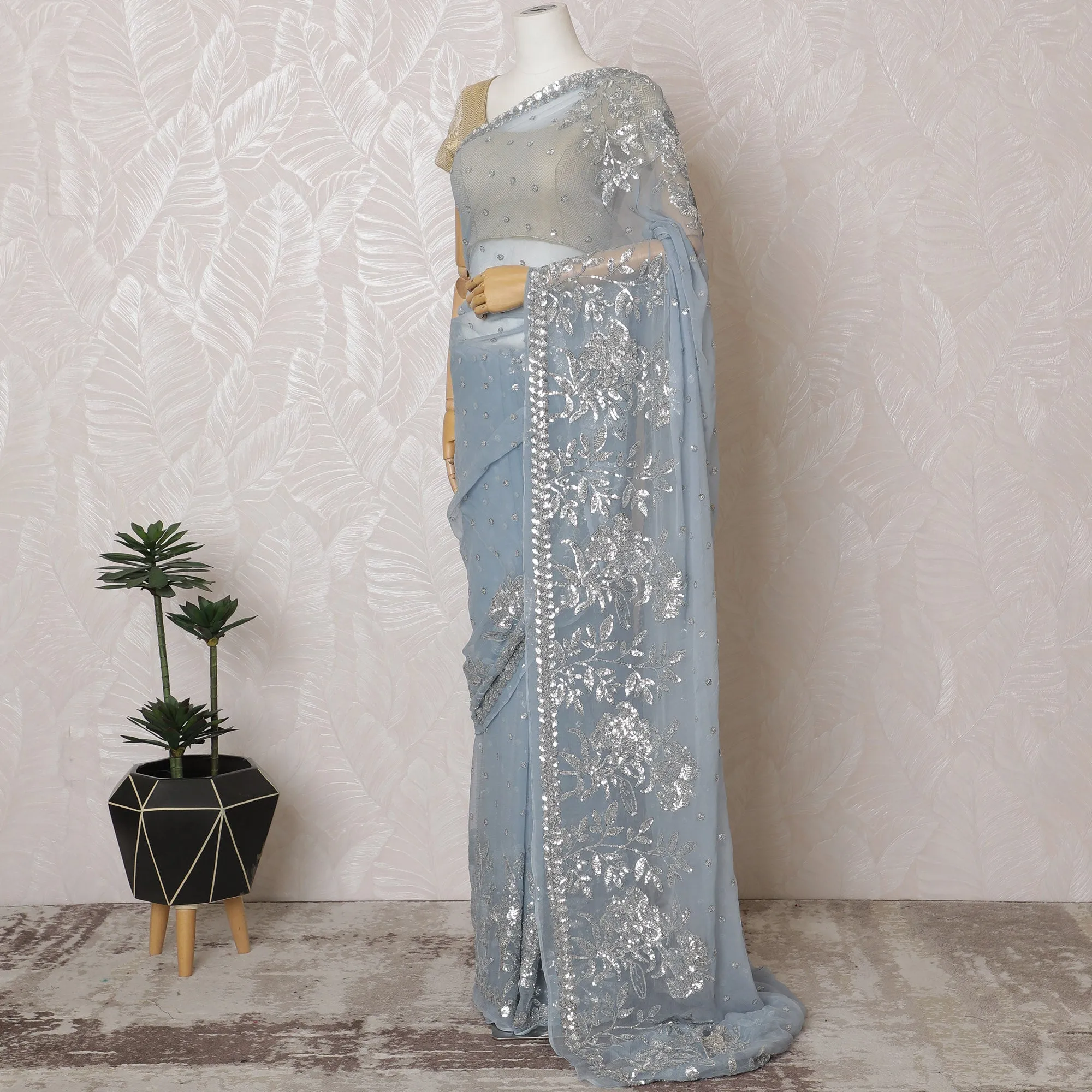 Elegant Sky Blue Silk Chiffon Saree with Silver Embroidery,110 cm Width, 5.5 Meters Piece-D19477