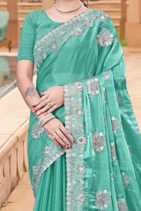 Elegant Turqoise Burberry Chiffon Saree