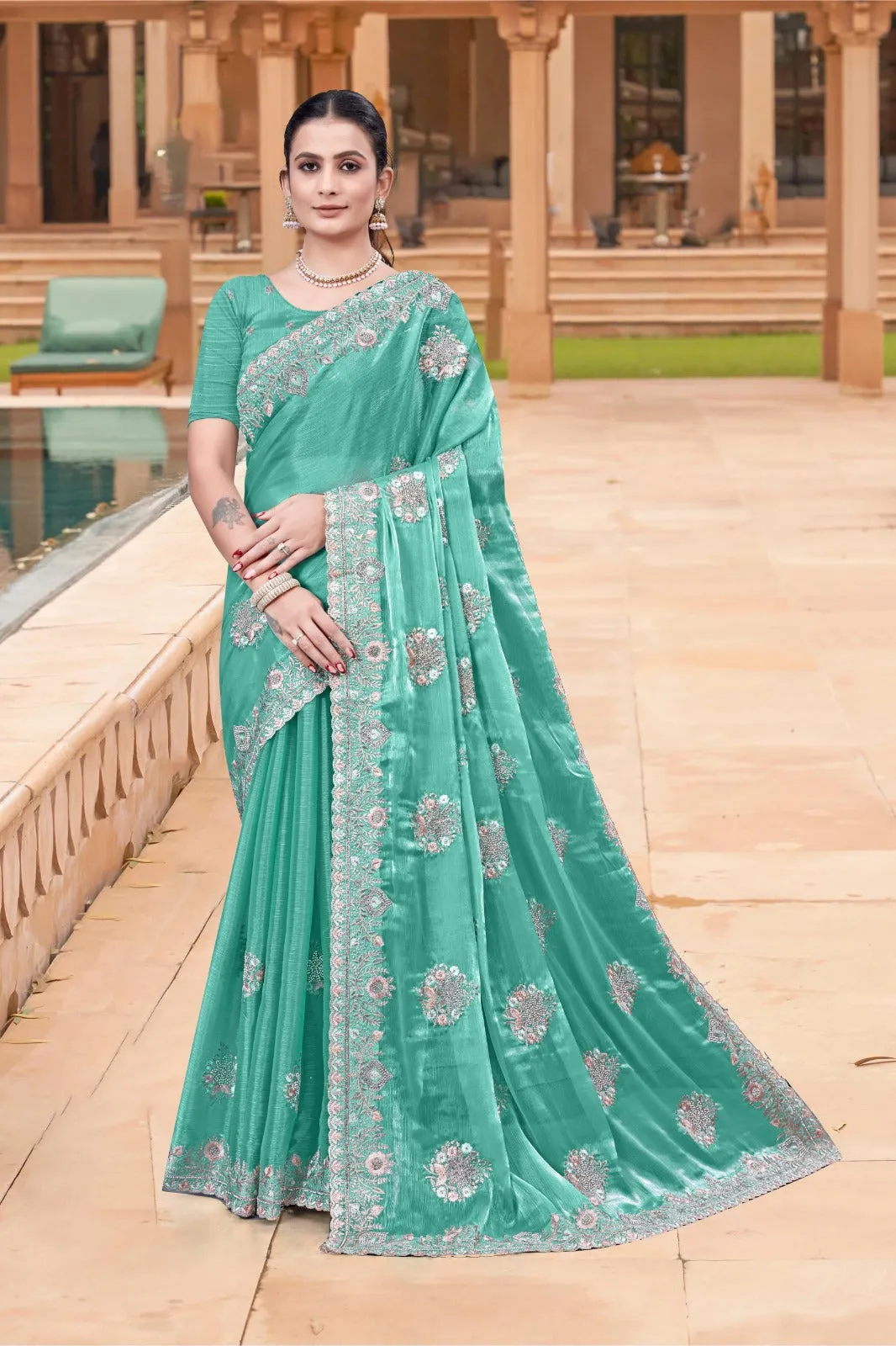 Elegant Turqoise Burberry Chiffon Saree