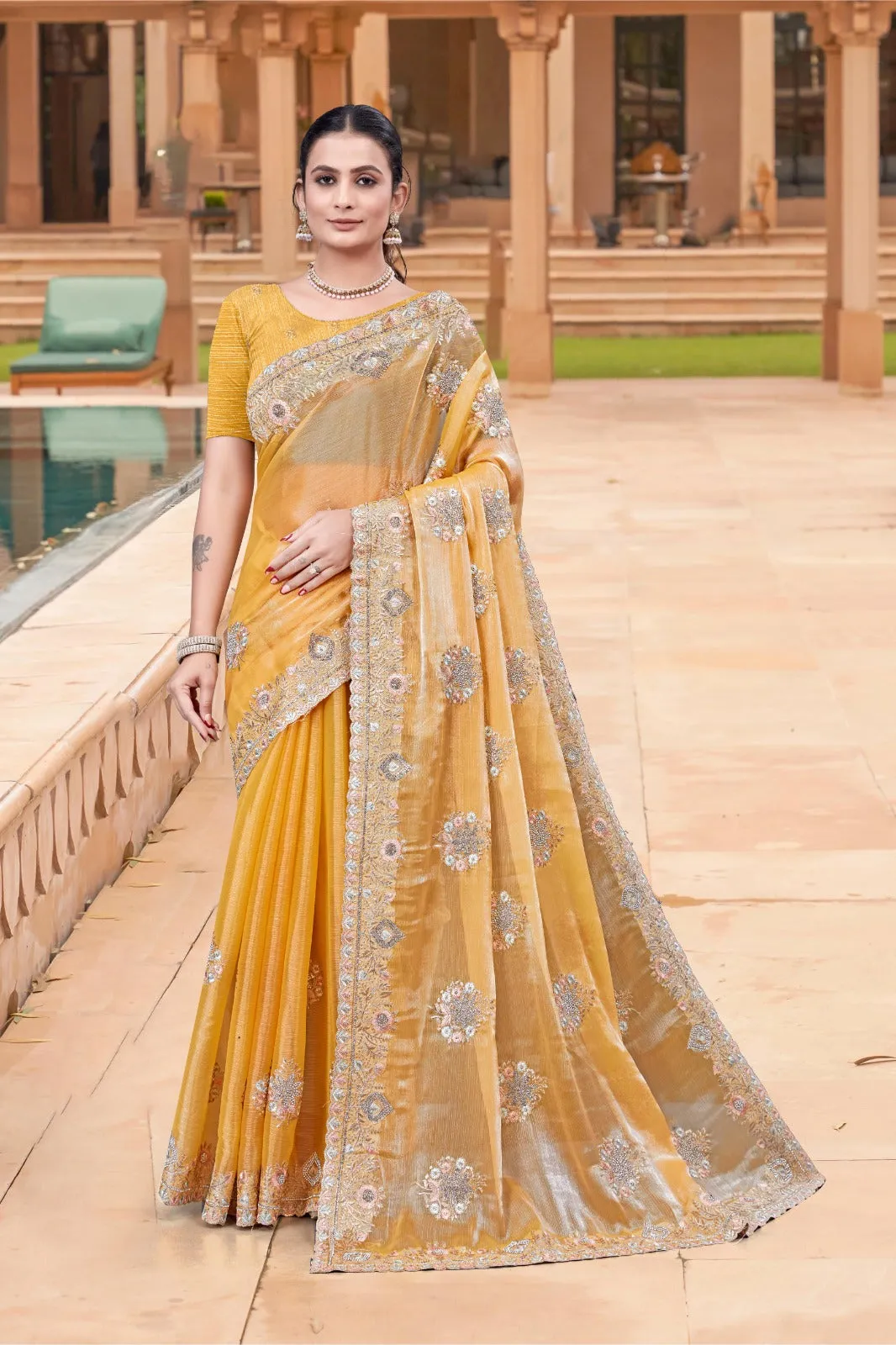 Elegant Yellow Burberry Chiffon Saree