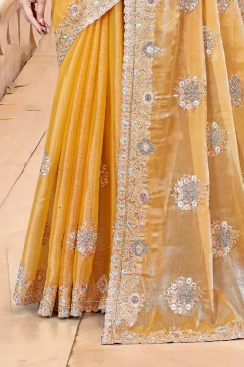 Elegant Yellow Burberry Chiffon Saree