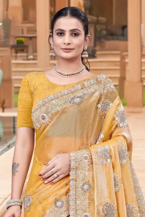 Elegant Yellow Burberry Chiffon Saree