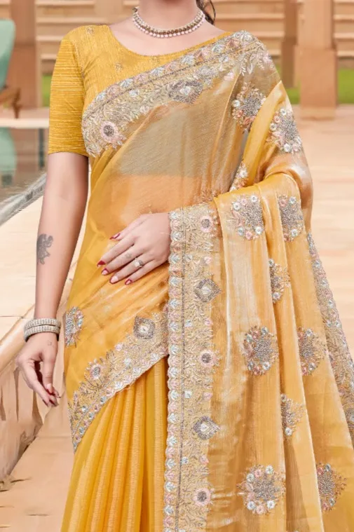 Elegant Yellow Burberry Chiffon Saree