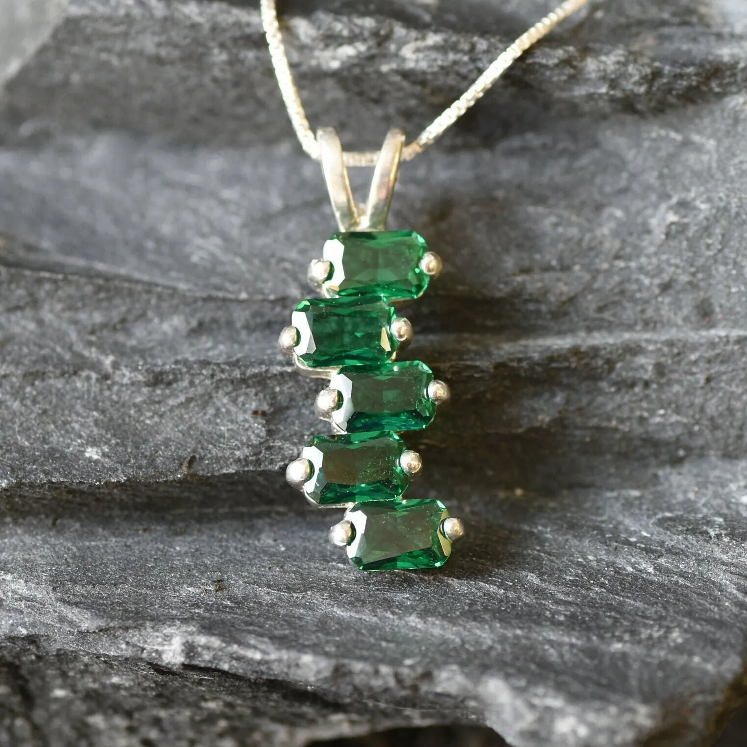 Emerald Baguette Pendant - Green Squares Necklace - Long Vintage Necklace