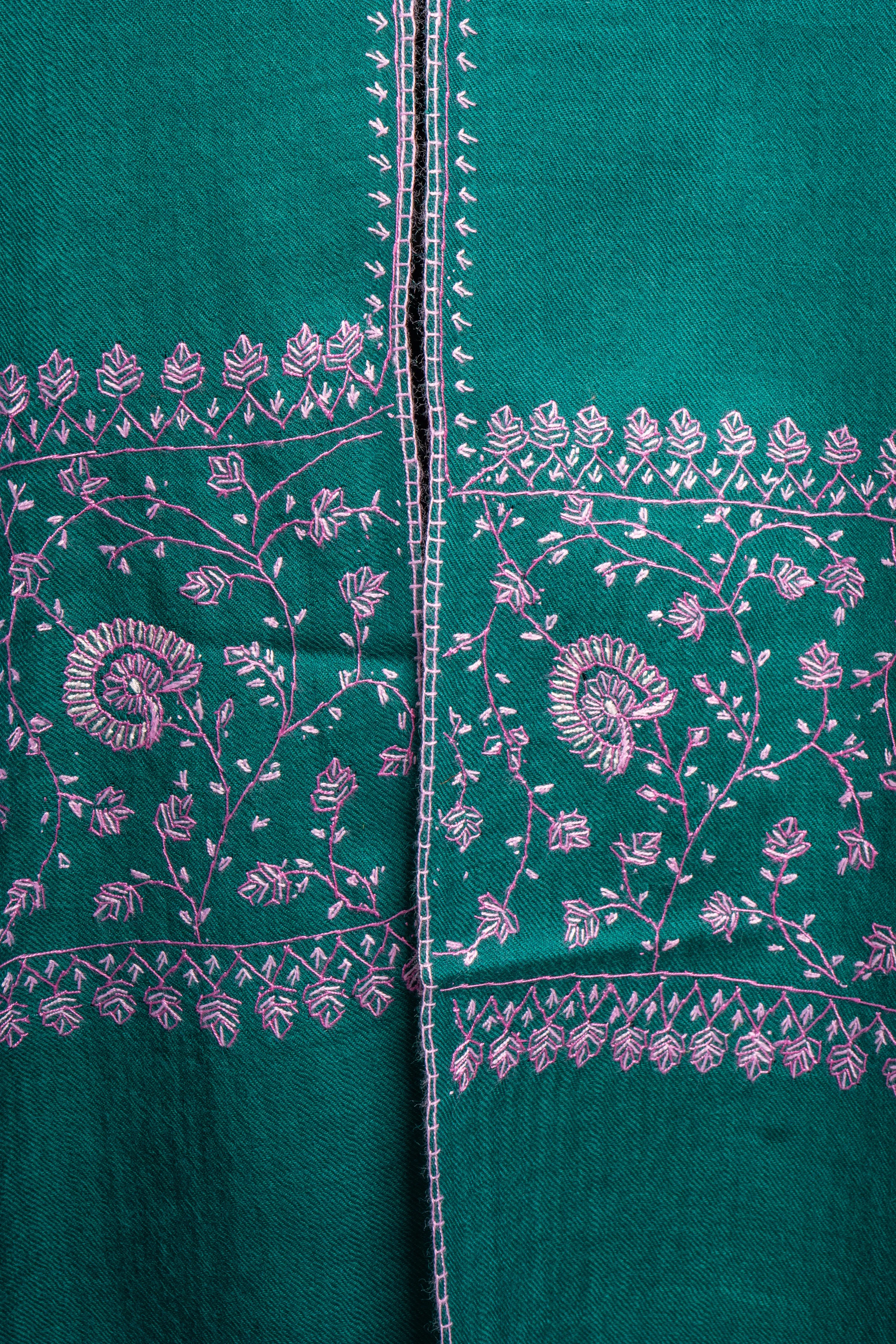 Emerald Blossom Hand Embroidered Merino Wool Sozni Scarf