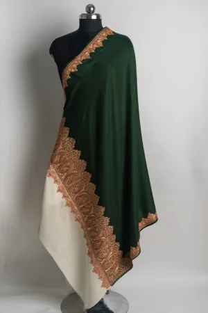 Enchanting Green and Ivory Kashmiri Tilla Embroidered Merino Wool Shawl