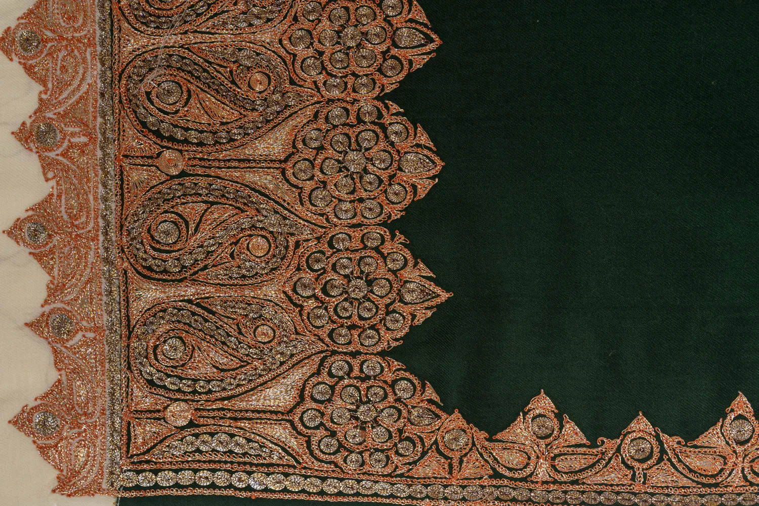 Enchanting Green and Ivory Kashmiri Tilla Embroidered Merino Wool Shawl