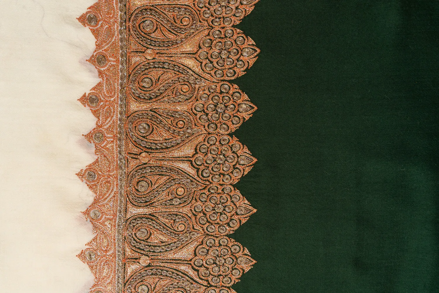 Enchanting Green and Ivory Kashmiri Tilla Embroidered Merino Wool Shawl