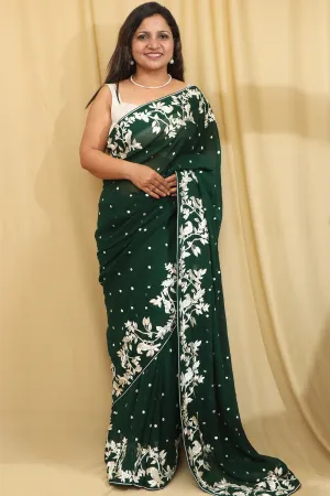 Exquisite Green Hand Embroidered Parsi Gara Pure Georgette Saree