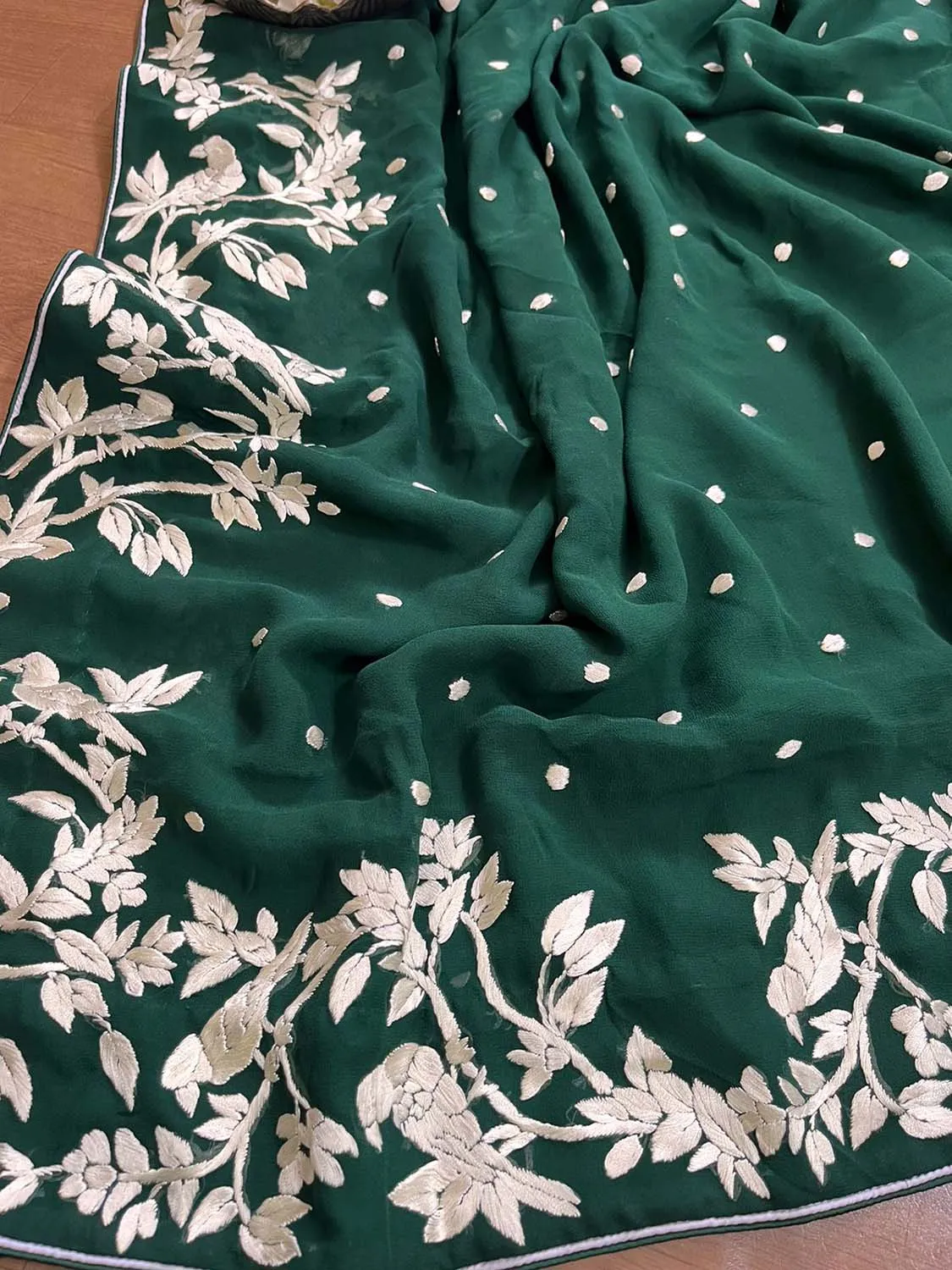 Exquisite Green Hand Embroidered Parsi Gara Pure Georgette Saree