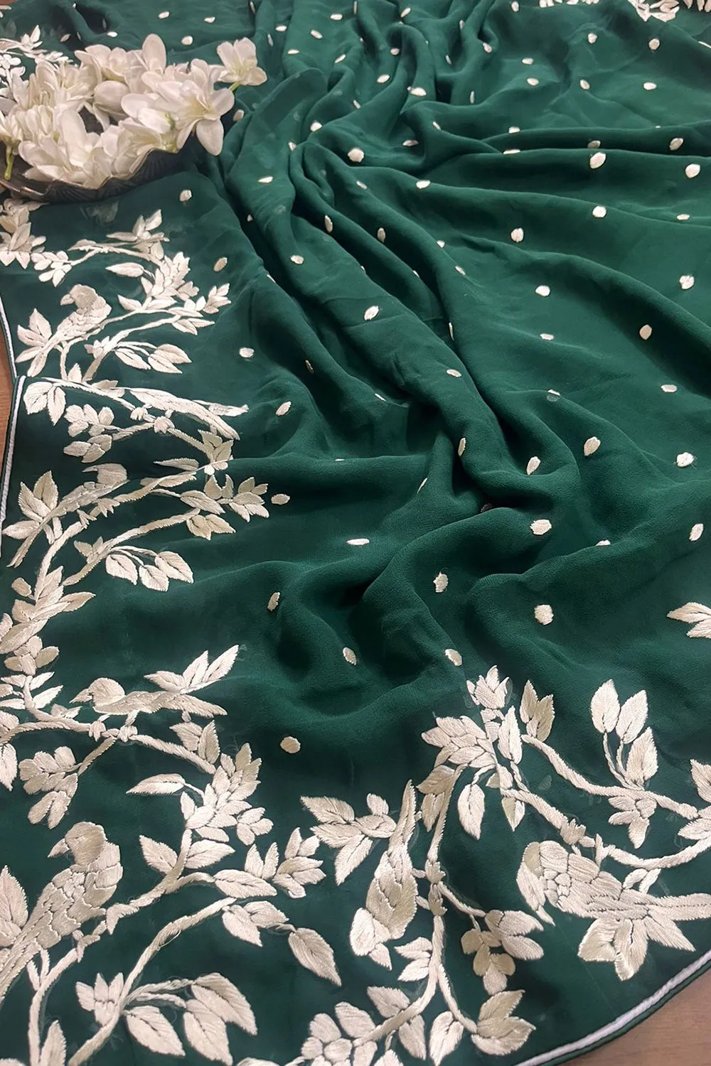 Exquisite Green Hand Embroidered Parsi Gara Pure Georgette Saree