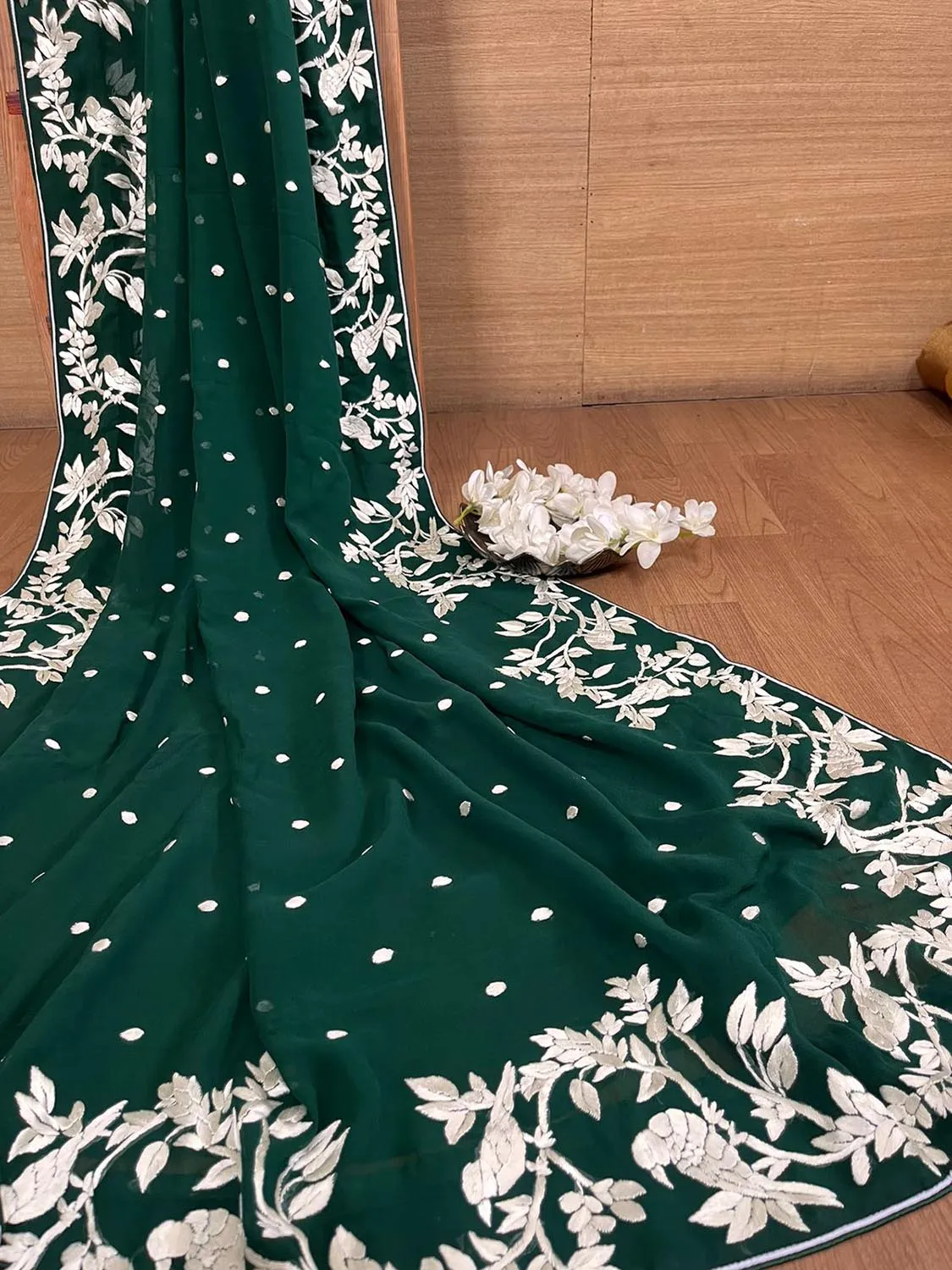 Exquisite Green Hand Embroidered Parsi Gara Pure Georgette Saree