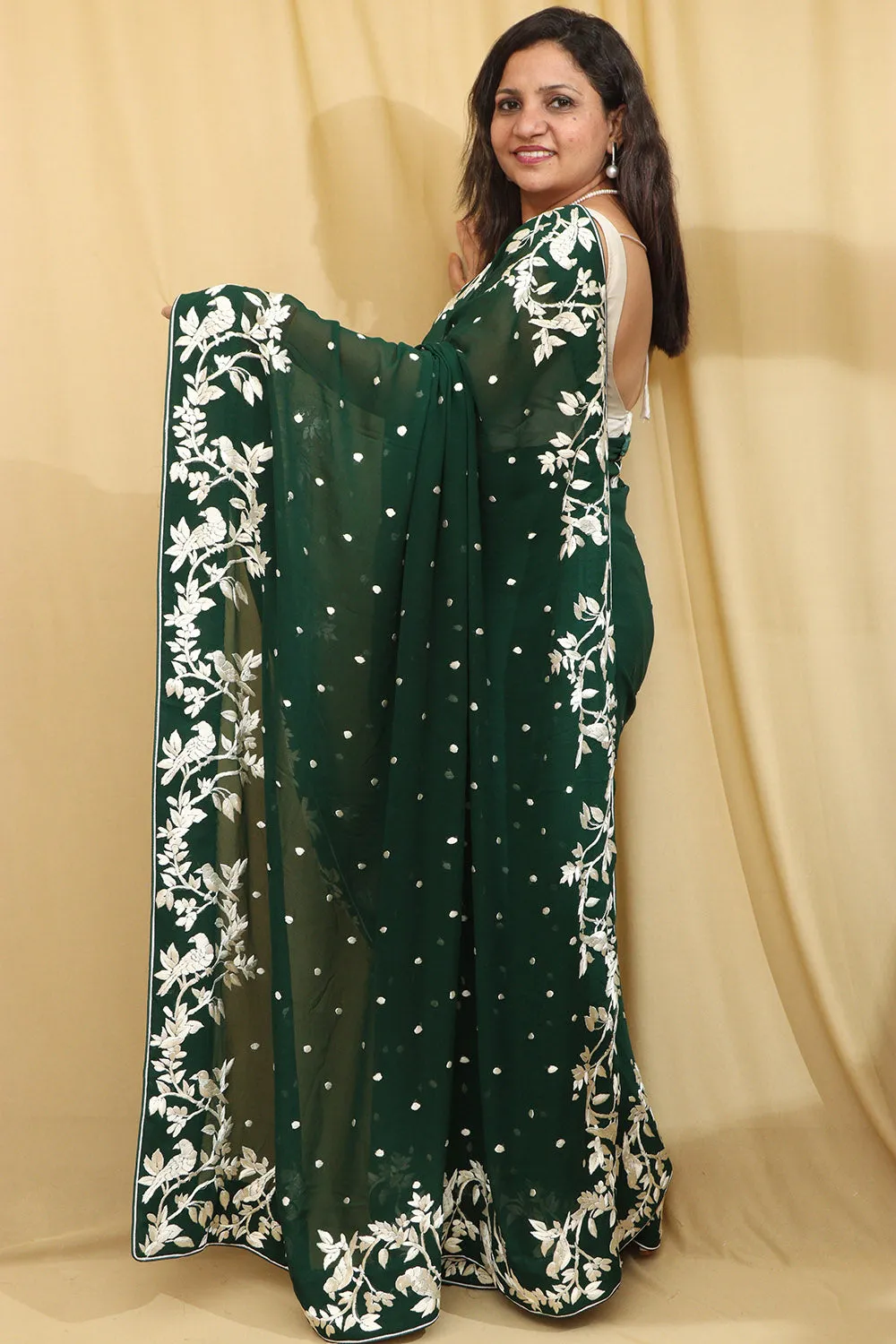 Exquisite Green Hand Embroidered Parsi Gara Pure Georgette Saree