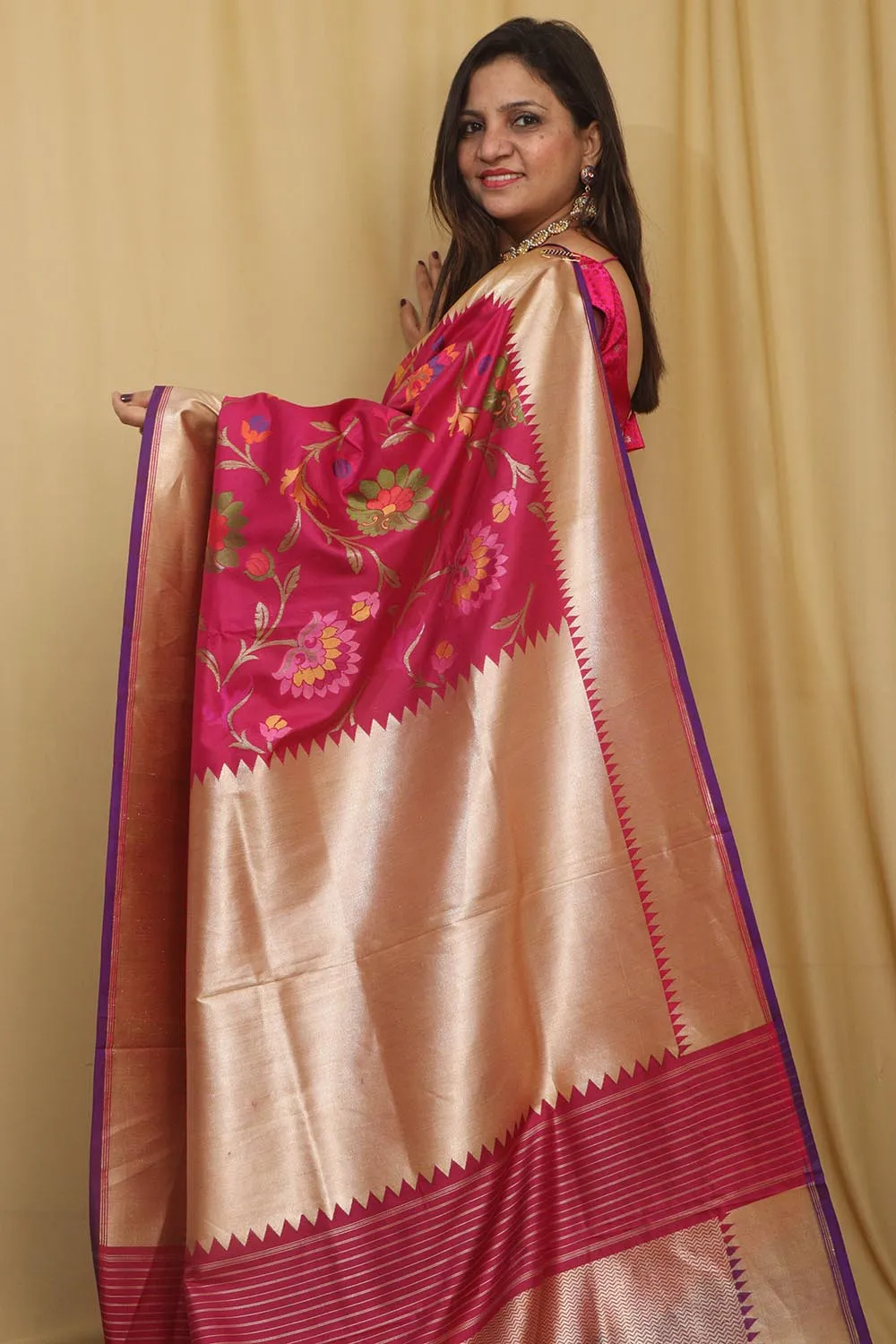 Exquisite Pink Banarasi Handloom Pure Katan Silk Meenakari Saree