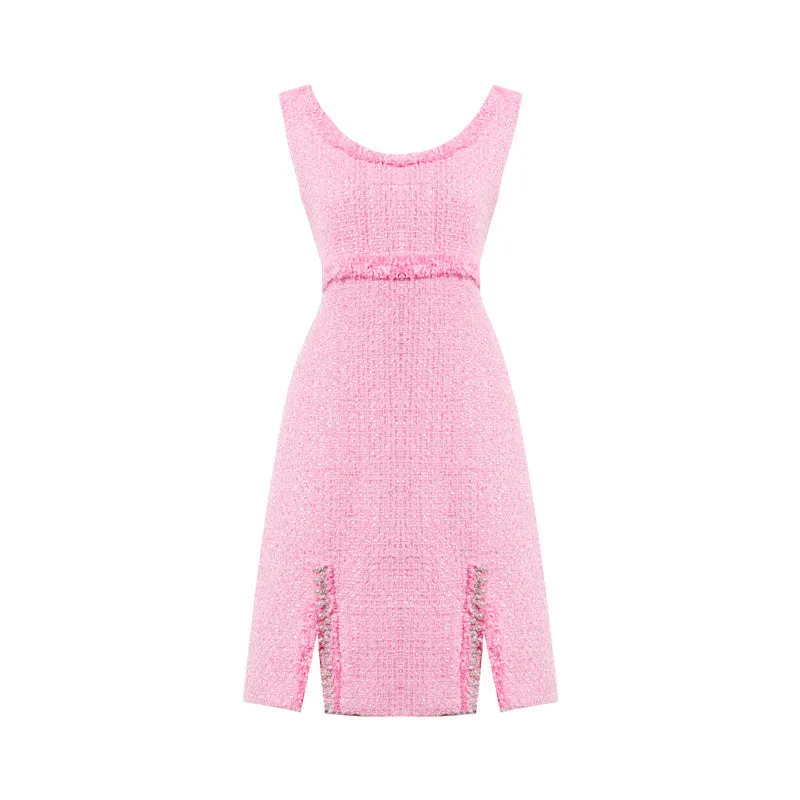 Fall Autumn light luxury bubblegum pink short sleeveless dress - Cien